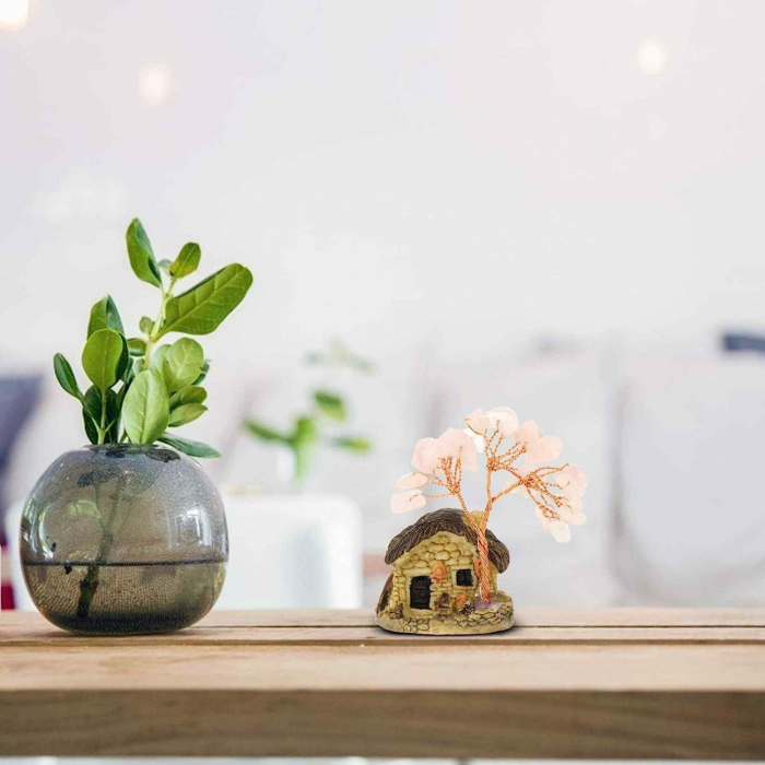 Figurina casuta cu ramuri din cristale naturale Cuart Roz - Decoratiune interior sau exterior, pentru casa, birou, acvariu [6]