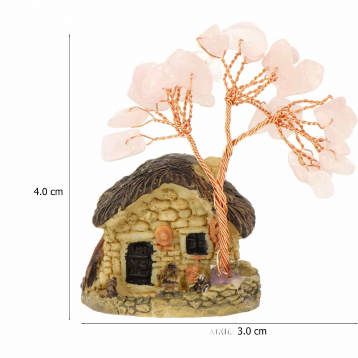 Figurina casuta cu ramuri din cristale naturale Cuart Roz - Decoratiune interior sau exterior, pentru casa, birou, acvariu [2]