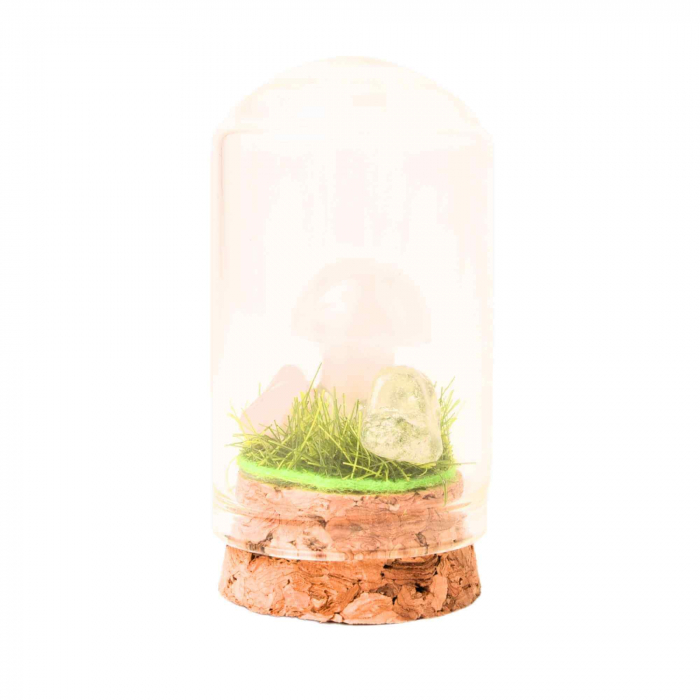 Figurina din piatra naturala semipretioasa Cuart Roz in forma de ciuperca in mini terrarium 5 cm din sticla