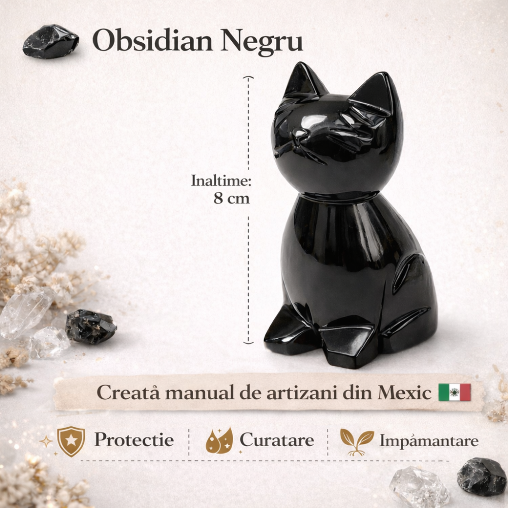 Pisica din Obsidian Negru natural Mexic – protectie Feng Shui, noroc si echilibru energetic [3]