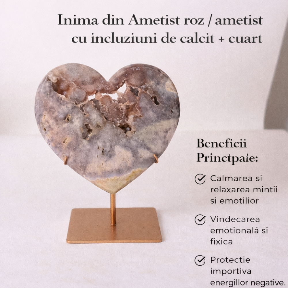 Inima din ametist roz cu incluziuni de calcit si cuart – sculptata manual in Brazilia [5]