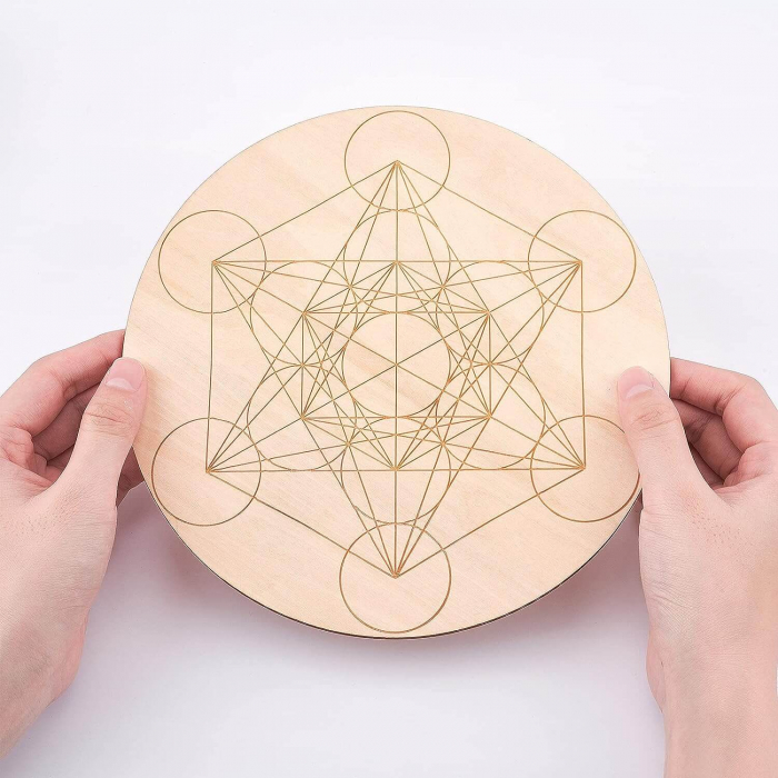 Grila din Lemn pentru Cristale cu Modelul Cubului lui Metatron, Diametru 25 cm [5]