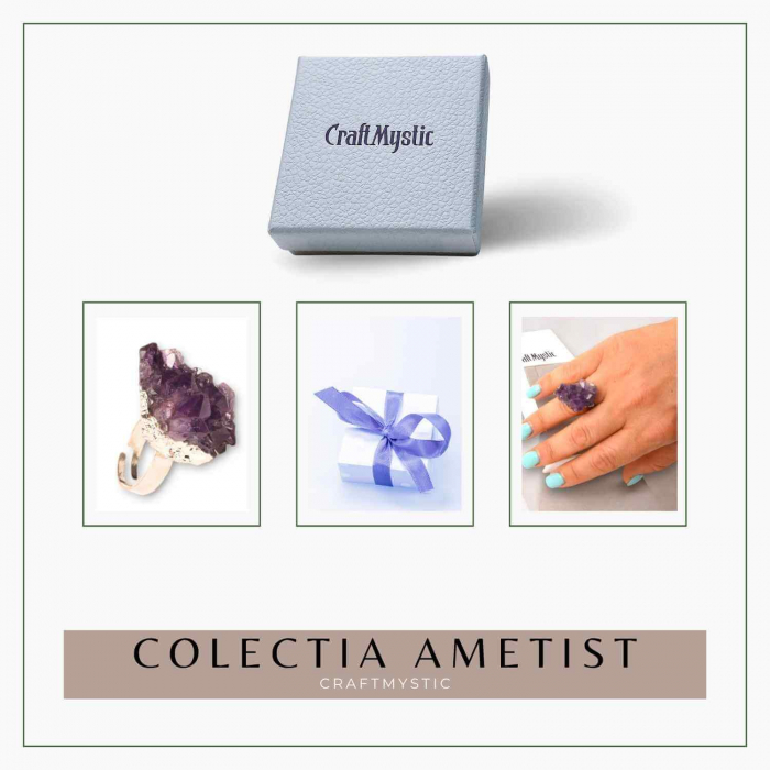 Inel ajustabil argintiu cu piatra naturala cluster Ametist [9]