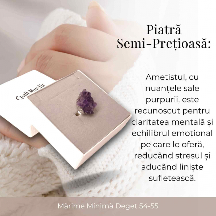 Inel ajustabil argintiu cu piatra naturala cluster Ametist [7]