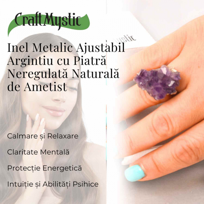 Inel ajustabil argintiu cu piatra naturala cluster Ametist [3]