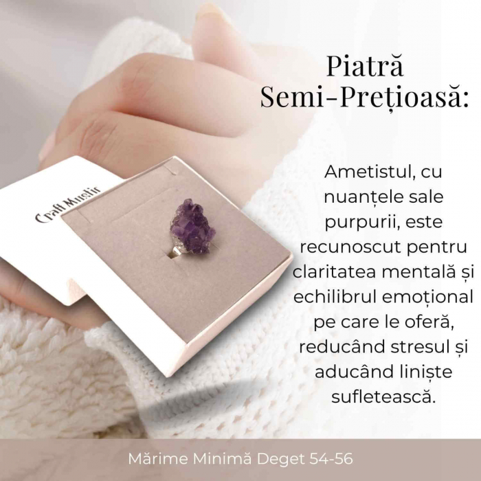 Inel ajustabil argintiu cu piatra naturala cluster Ametist [8]