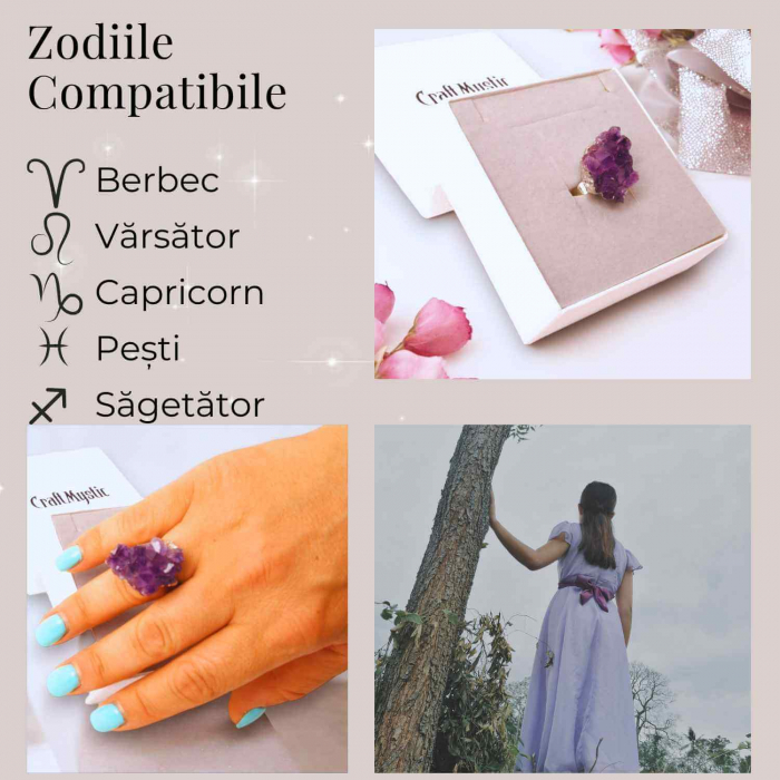 Inel ajustabil argintiu cu piatra naturala cluster Ametist [5]