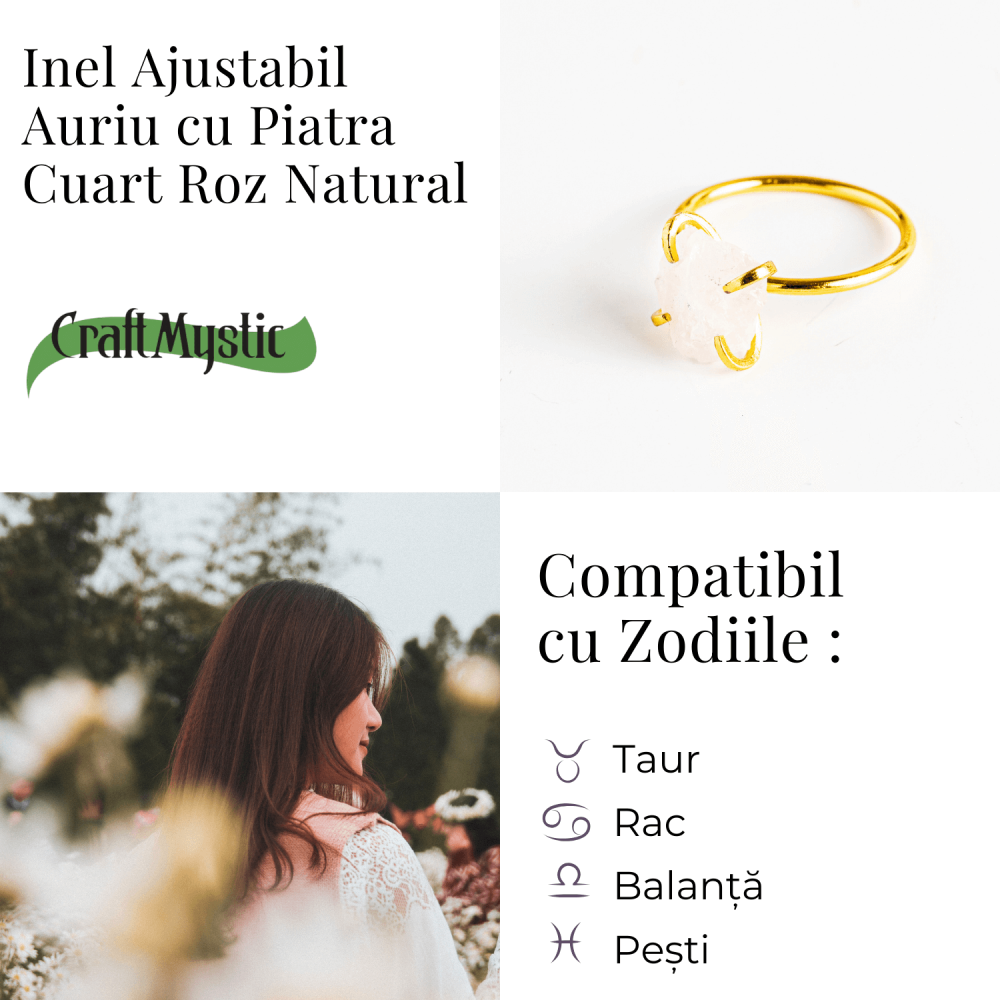 Inel Ajustabil Auriu cu Cuart Roz Brut pentru Echilibru Emotional [5]