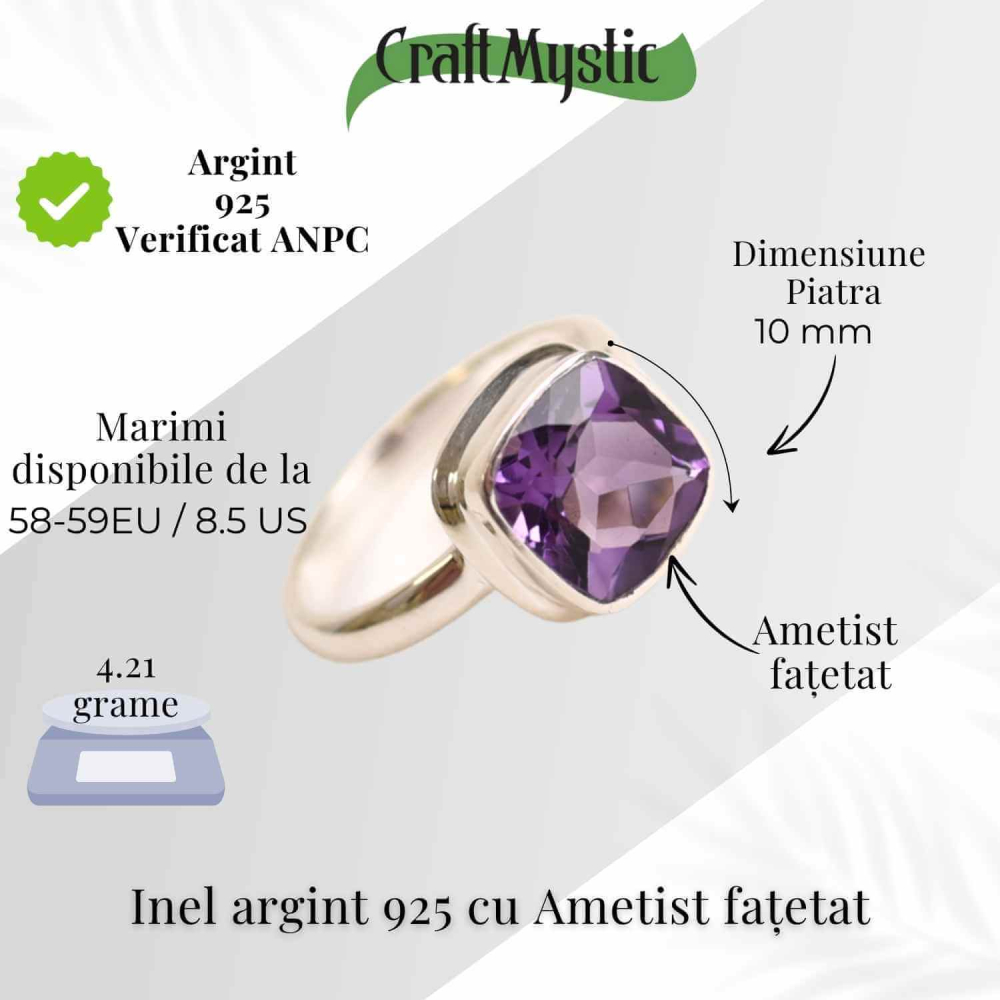 Inel Argint 925 cu Ametist Fatetat Patrat – Echilibru si Claritate Spirituala [5]