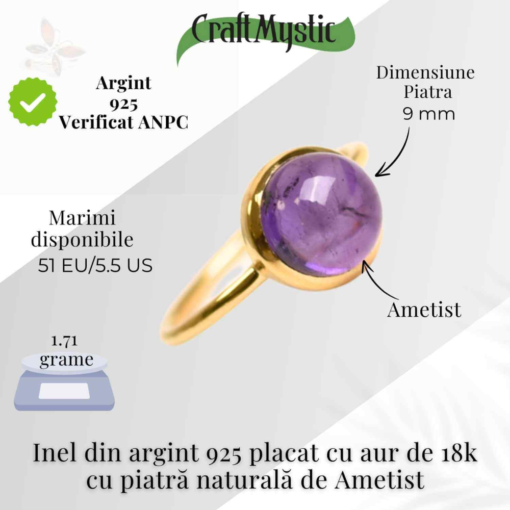 Inel Argint 925 placat cu aur 18K cu Ametist Rotund – Armonie si Claritate Spirituala [5]