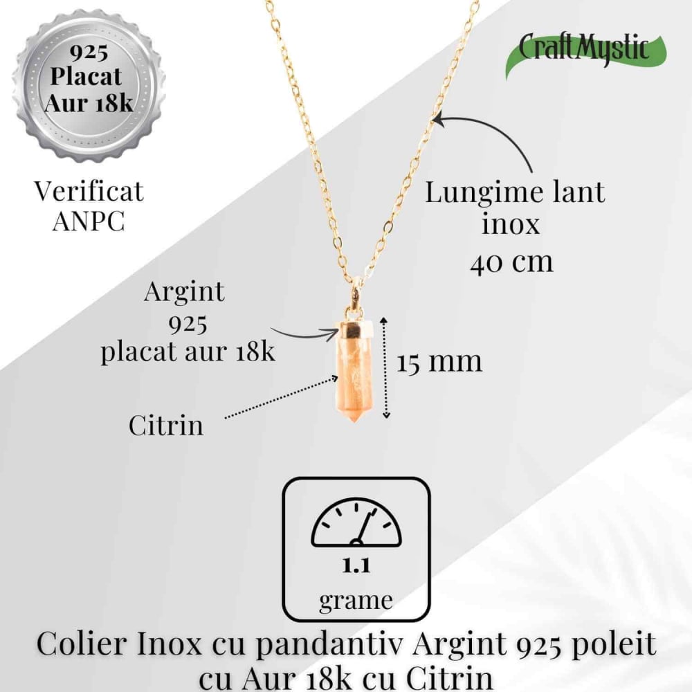 Colier Citrin Turnulet montura argint 925 placat cu aur de18k – Claritate Mentala si Energie Pozitiva [5]