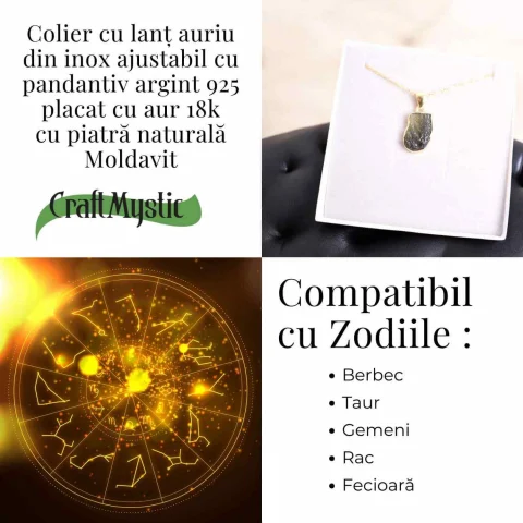 Colier cu lant de inox aurit si pandantiv montura argint 925, placat cu aur 18 k si Moldavit natural, 2.55 gr – Protectie si transformare [4]