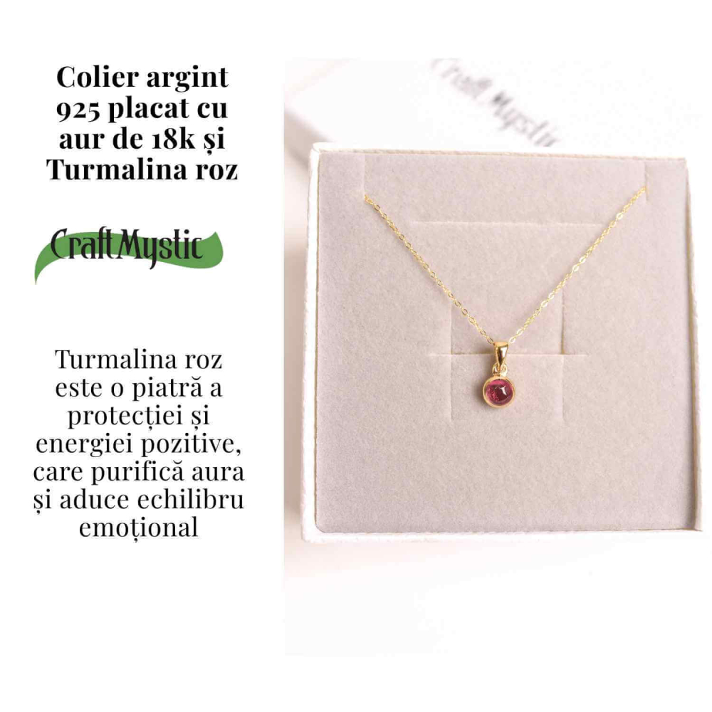 Colier Argint 925 Placat cu Aur 18K si Turmalina Roz Naturala – Iubire, Vindecare si Energie a Inimii [3]