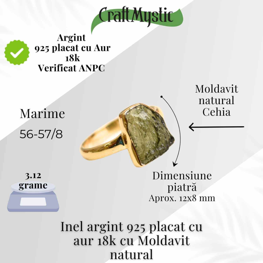 Inel argint 925 placat aur 18k cu Moldavit natural brut – Bijuterie rara cu piatra transformarii [2]