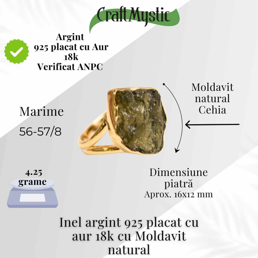 Inel argint 925 placat aur 18k cu Moldavit natural brut – Bijuterie rara cu piatra transformarii [2]