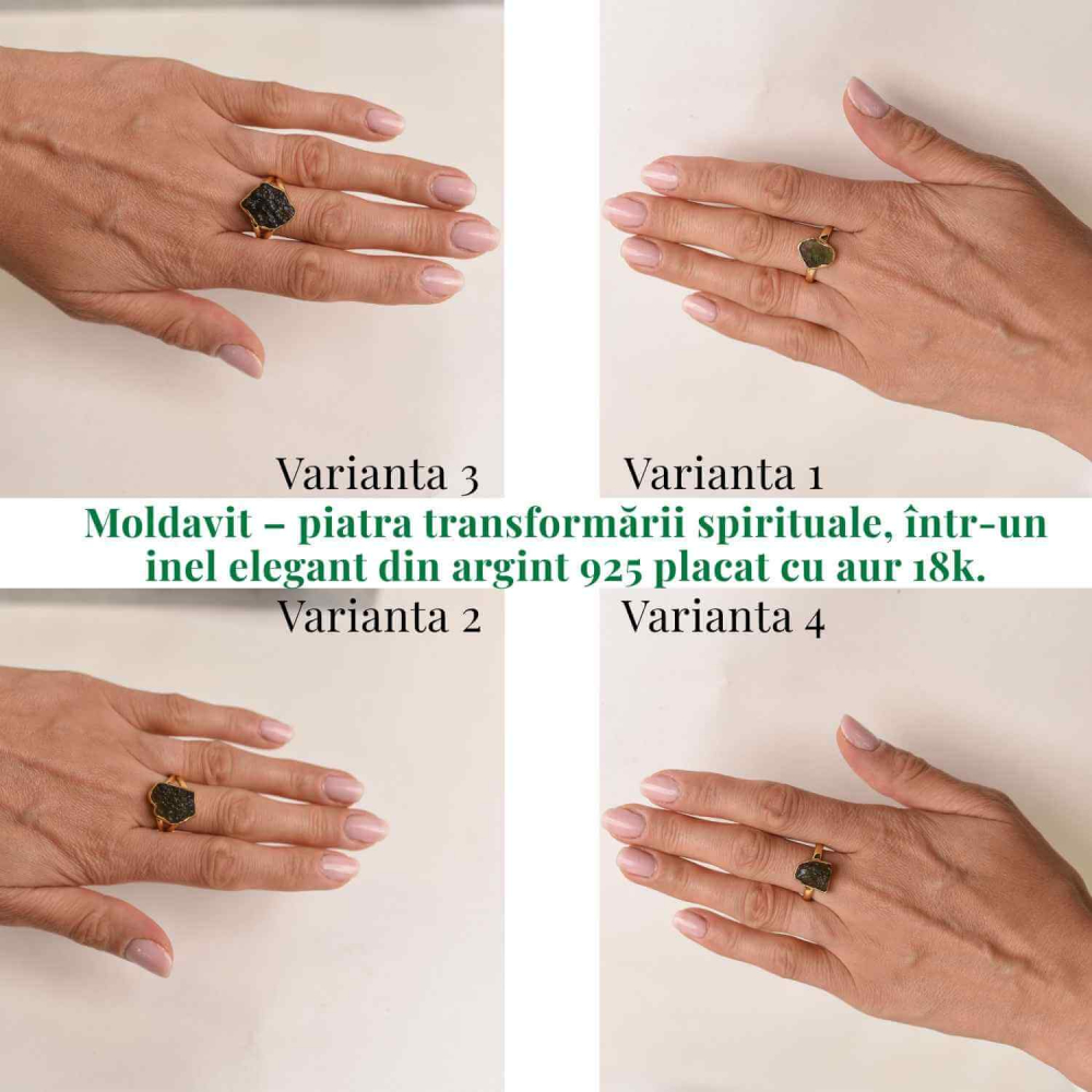 Inel argint 925 placat aur 18k cu Moldavit natural brut – Bijuterie rara cu piatra transformarii [3]