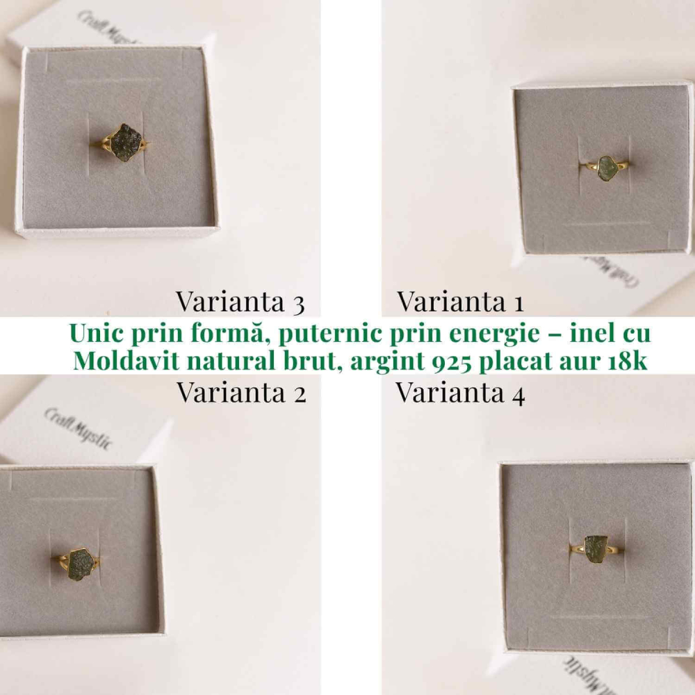 Inel argint 925 placat aur 18k cu Moldavit natural brut – Bijuterie rara cu piatra transformarii [5]