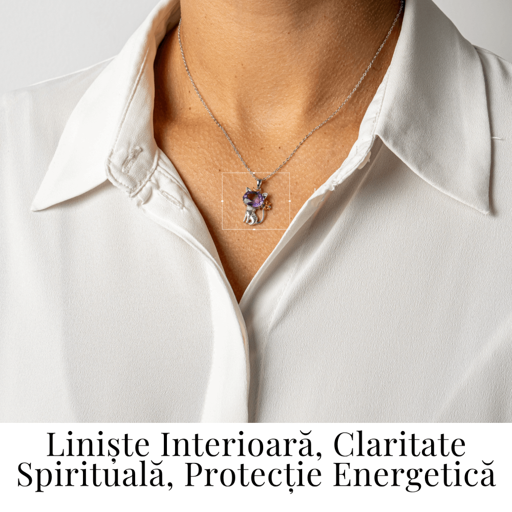 Colier Argint 925 cu Ametist Natural in Forma de Pisica – Claritate Spirituala si Protectie Energetica [2]