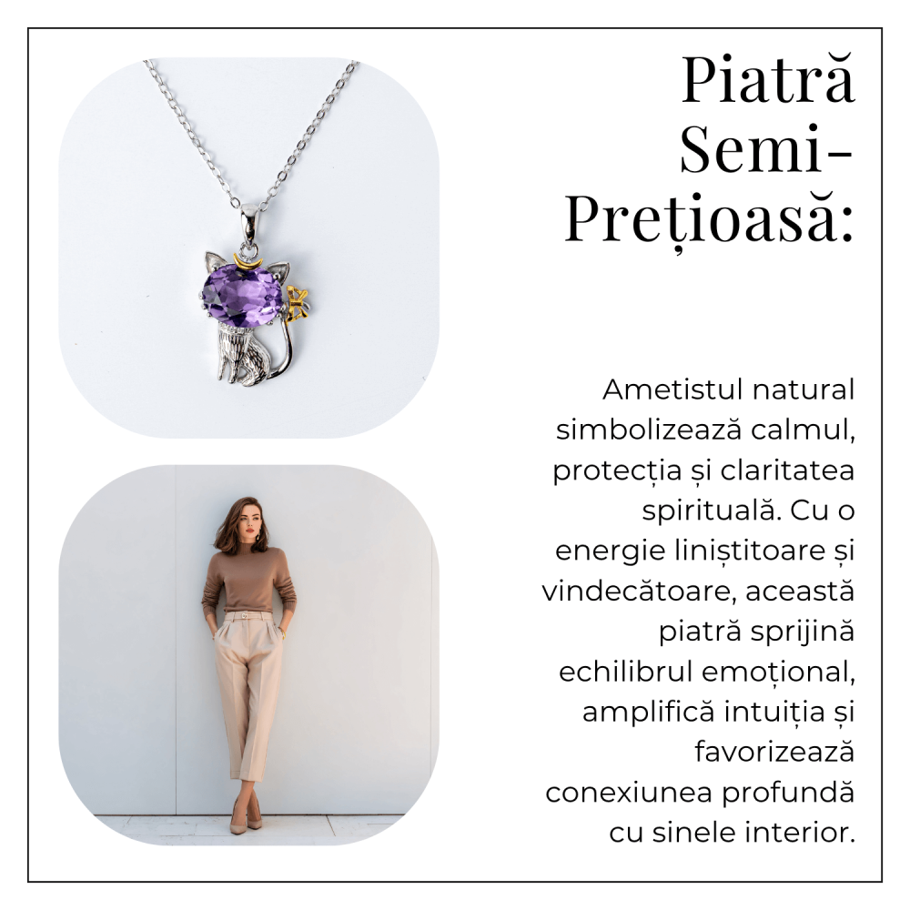 Colier Argint 925 cu Ametist Natural in Forma de Pisica – Claritate Spirituala si Protectie Energetica [6]