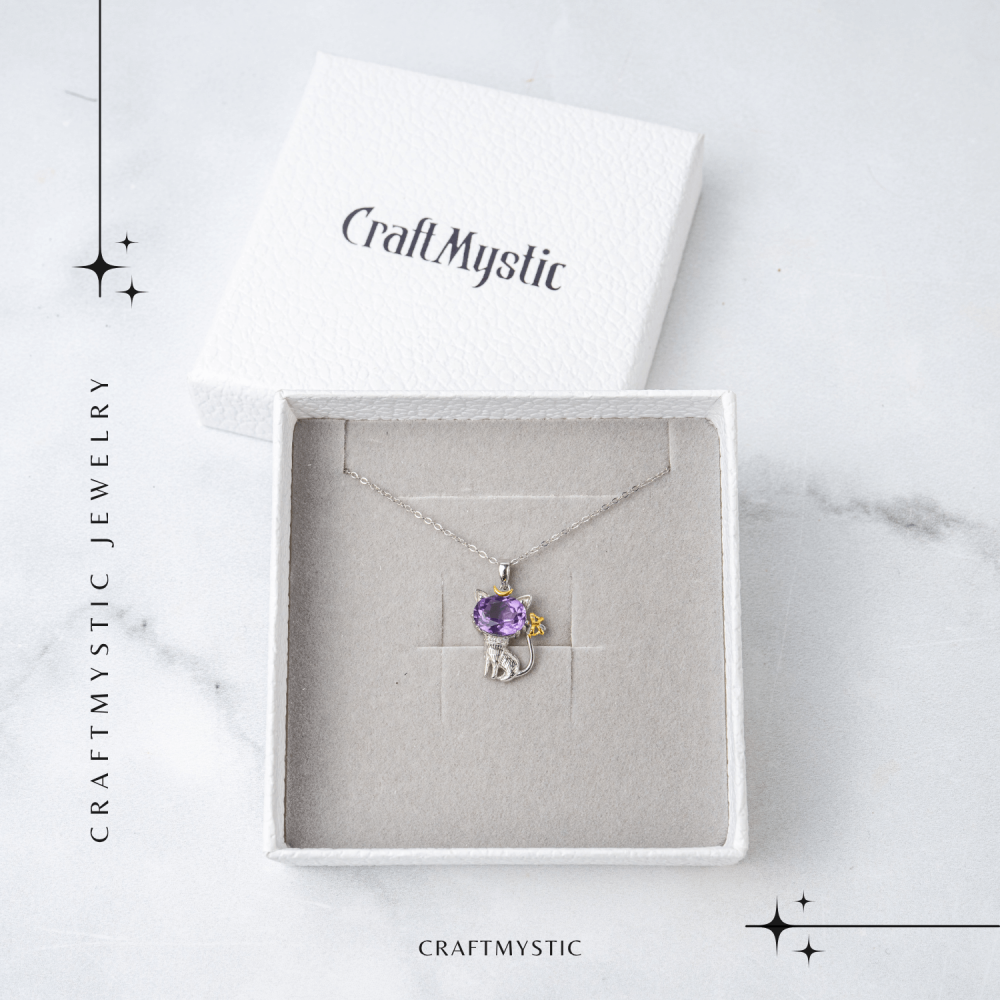Colier Argint 925 cu Ametist Natural in Forma de Pisica – Claritate Spirituala si Protectie Energetica [7]