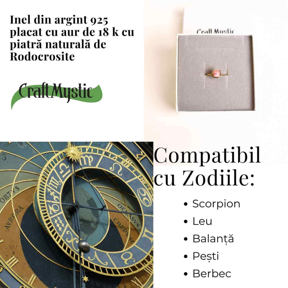 Inel Argint 925 placat cu aur 18K cu Rodocrozit Patrat – Iubire si Echilibru Emotional [4]