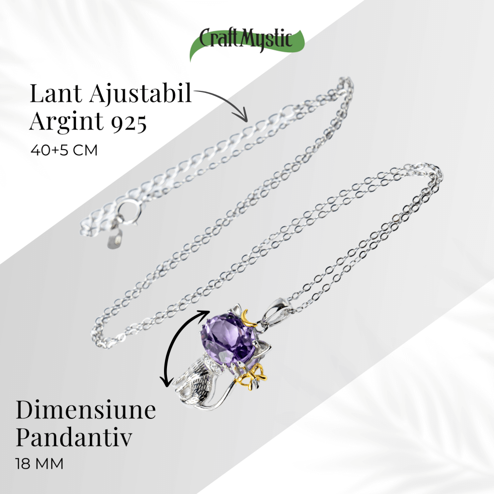 Colier Argint 925 cu Ametist Natural in Forma de Pisica – Claritate Spirituala si Protectie Energetica [5]