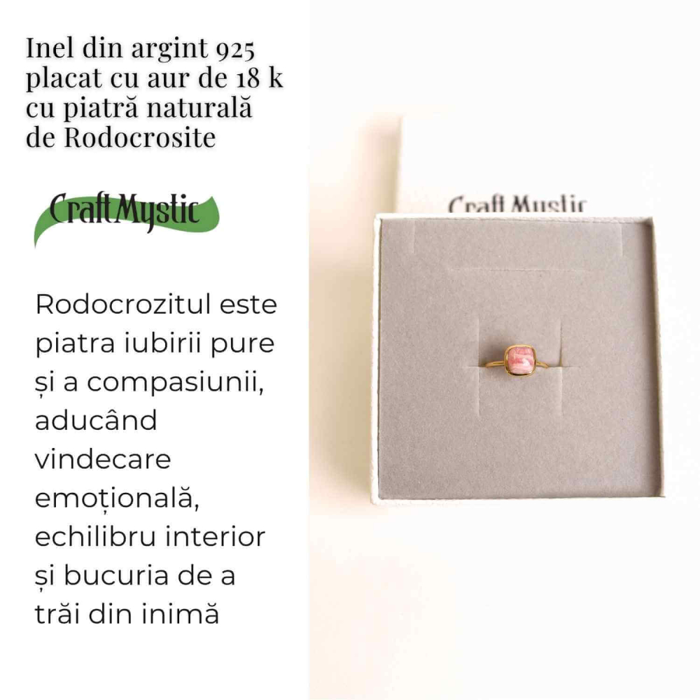 Inel Argint 925 placat cu aur 18K cu Rodocrozit Patrat – Iubire si Echilibru Emotional [3]