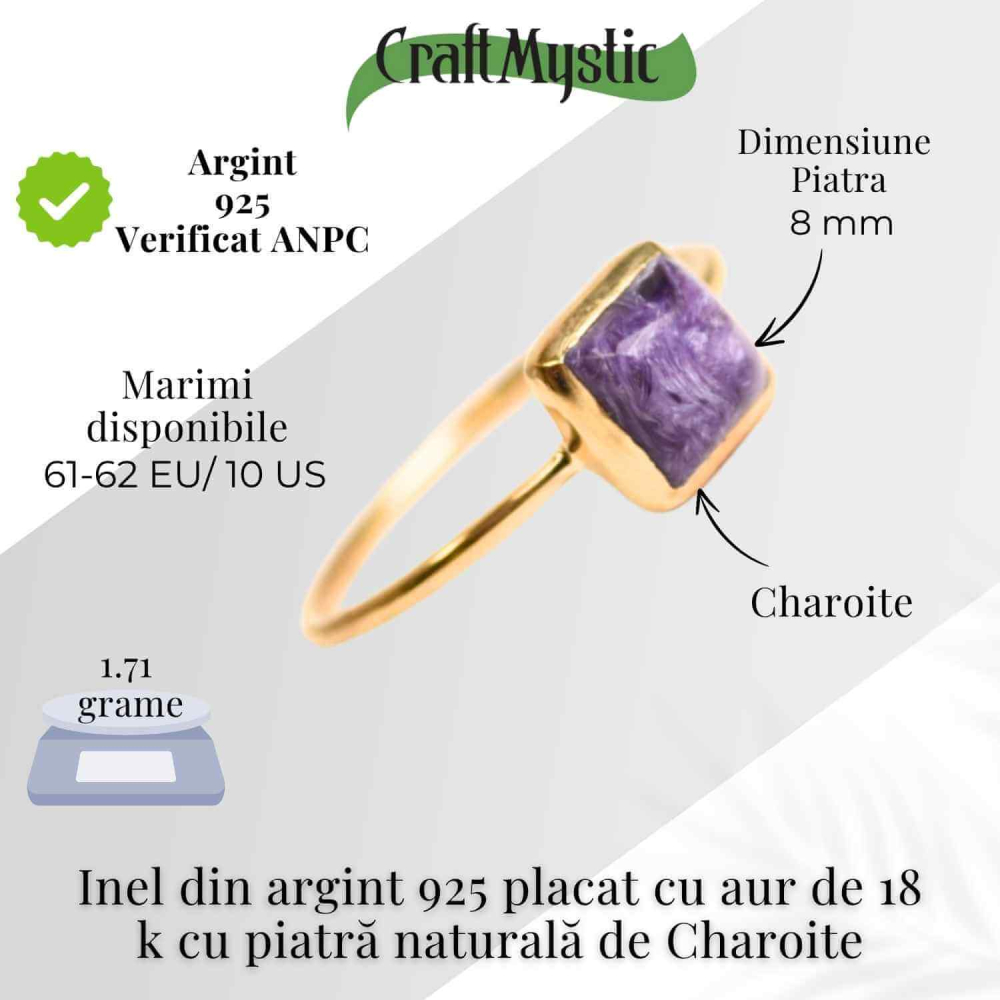 Inel Argint 925 placat cu Aur 18K cu Charoite Patrat – Transformare Spirituala si Liniste Interioara [5]