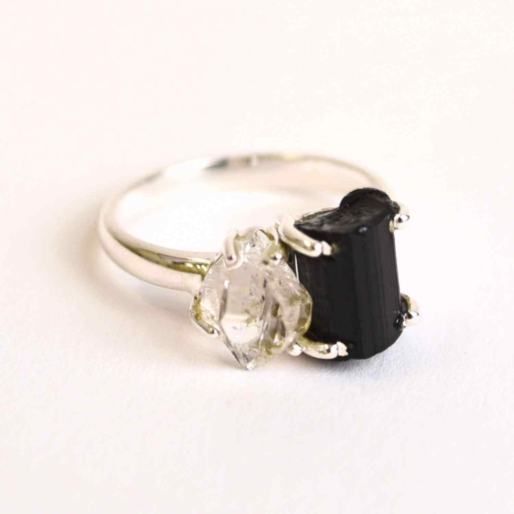 Inel argint 925 cu Turmalina si Herkimer Diamond ,   Protectie si Claritate Interioara