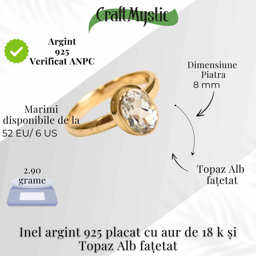 Inel argint 925 placat cu aur 18k si Topaz Alb oval fatetat [4]