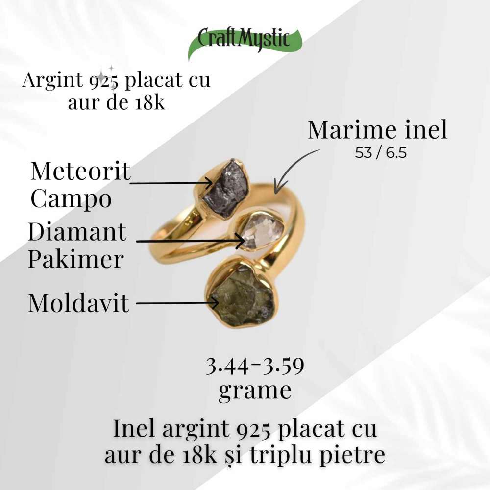 Inel argint 925 placat cu aur de 18k cu Moldavit, Meteorit si Palimer – Putere cosmica si claritate [3]