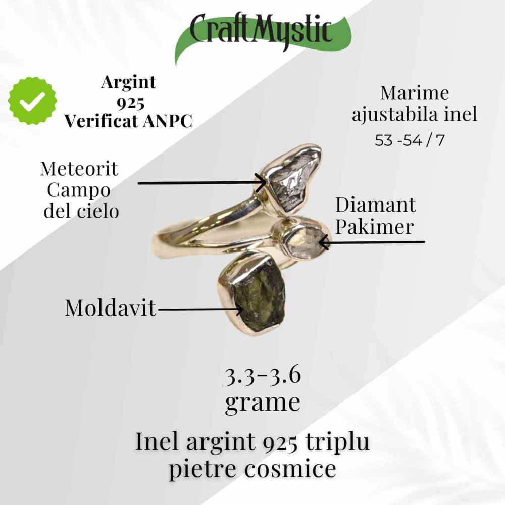 Inel din argint 925 cu tripla piatra naturala Moldavit, Diamant Pakimer si Meteorit Campo del Cielo [3]