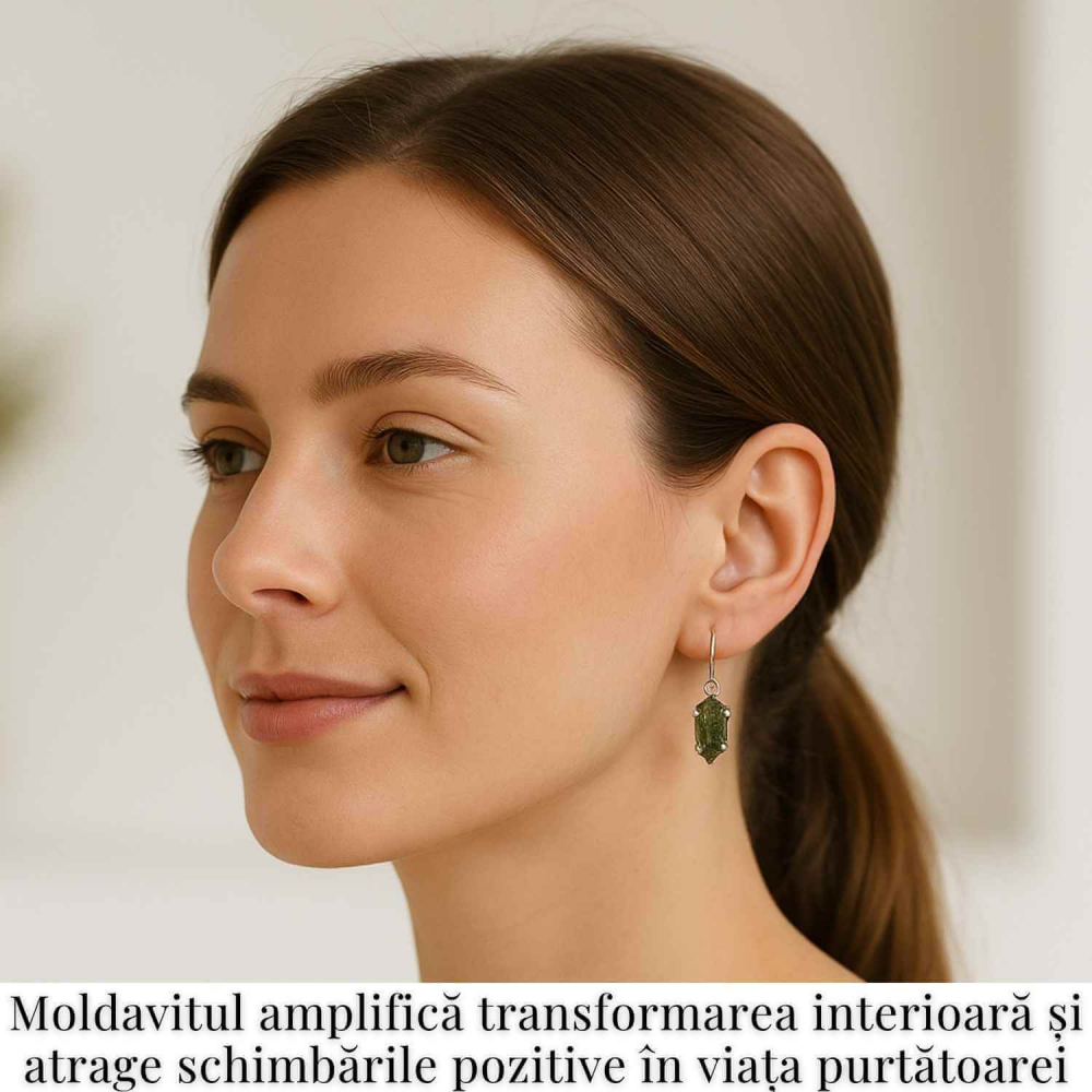 Cercei argint 925 cu Moldavit natural neuniform 1.9-2 grame – Transformare interioara si conexiune spirituala [2]