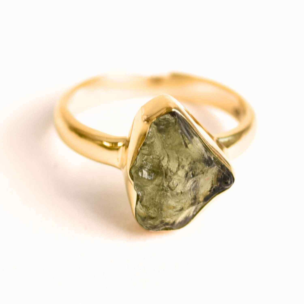 Inel argint 925 placat cu aur de 18k cu Moldavit natural marime 53 6.5 - Claritate mentala si putere personala