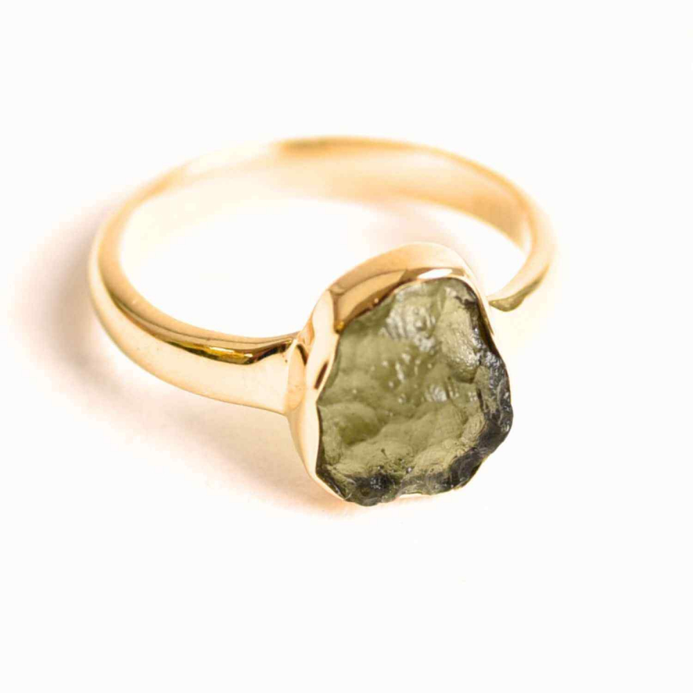 Inel cu Moldavit din Argint 925 placat cu Aur de 18K 2.68 gr Marime 53.5 (EU)   6.5 (US) ,   Transformare Spirituala si Energie de Vindecare