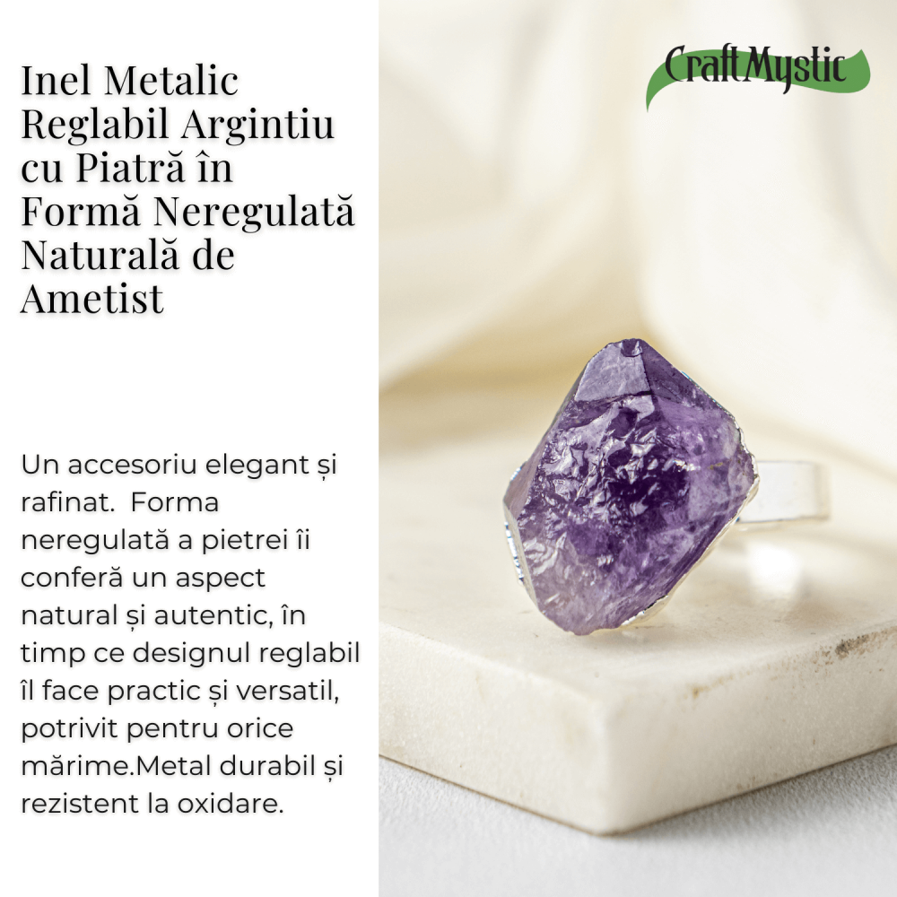 Inel argintiu ajustabil cu vart de Ametist natural, pentru calm si claritate [3]