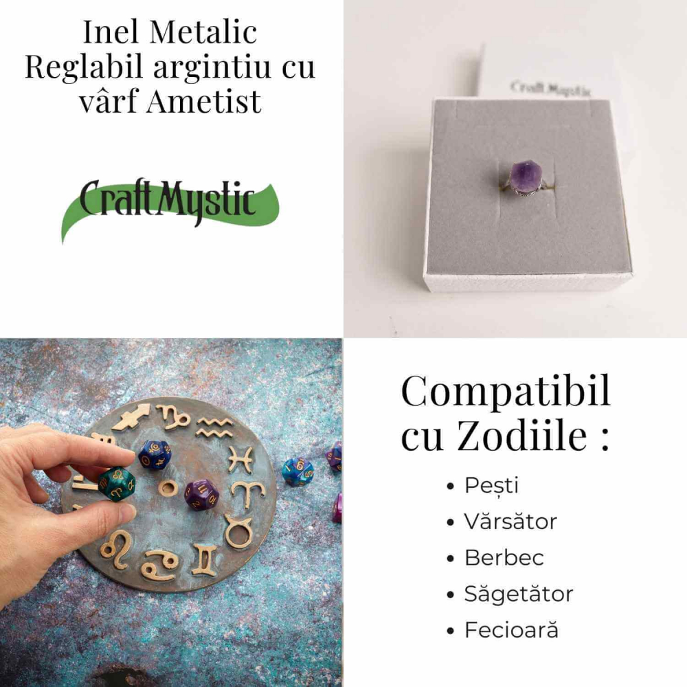 Inel ajustabil argintiu cu piatra naturala varf de ametist [6]