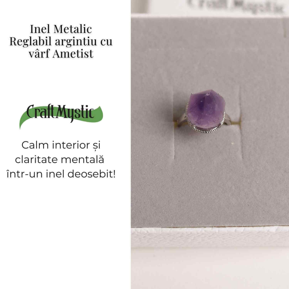 Inel ajustabil argintiu cu piatra naturala varf de ametist [5]
