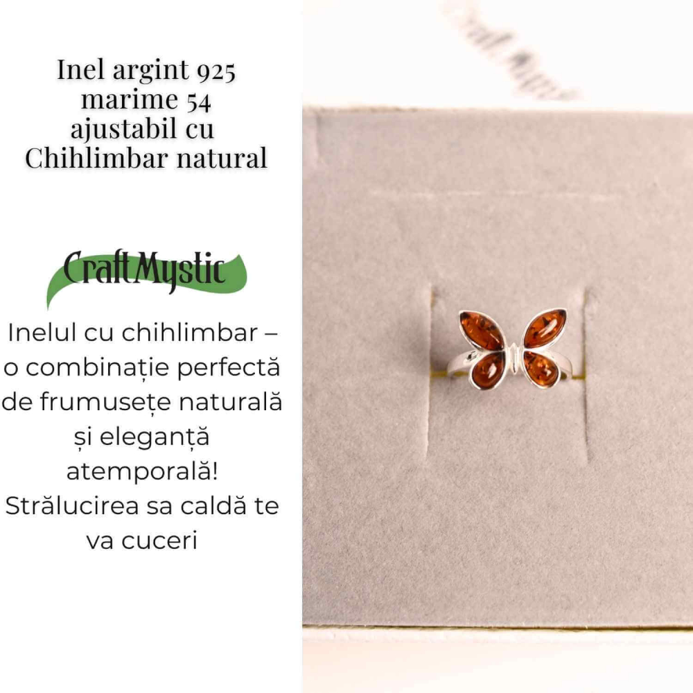 Inel ajustabil argint 925 cu chihlimbar natural forma de fluture– Simbol al elegantei si transformarii [5]