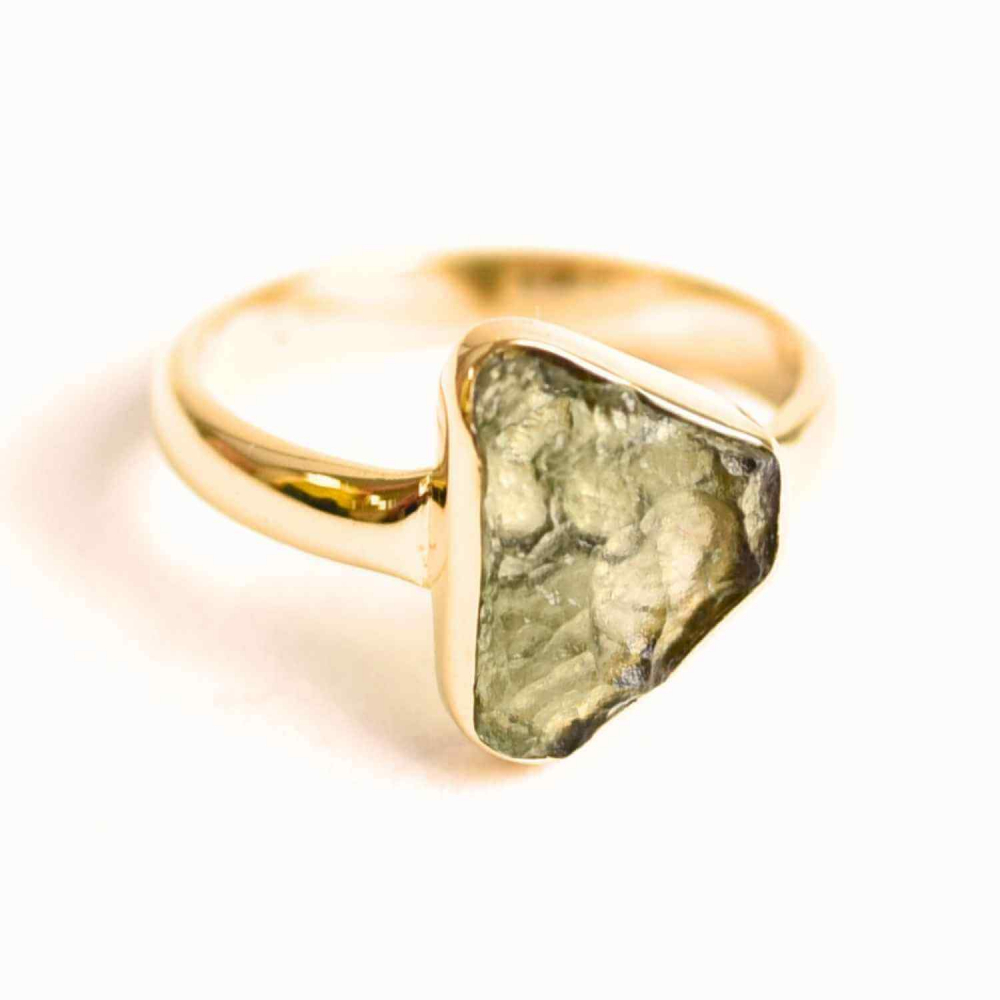 Inel din Argint placat cu Aur 18K si Moldavit 2.75  gr Marime: 53  (EU)   6.5 (US) ,   Energie de Transformare si Claritate Spirituala, 2.75 gr