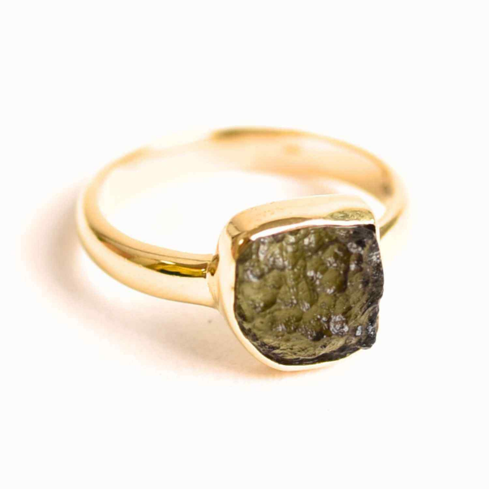 Inel cu Moldavit din Argint 925 placat cu Aur de 18K 2.83 gr Marime 53  (EU)   6.5 (US) ,   Piatra Transformarii si Trezirii Spirituale
