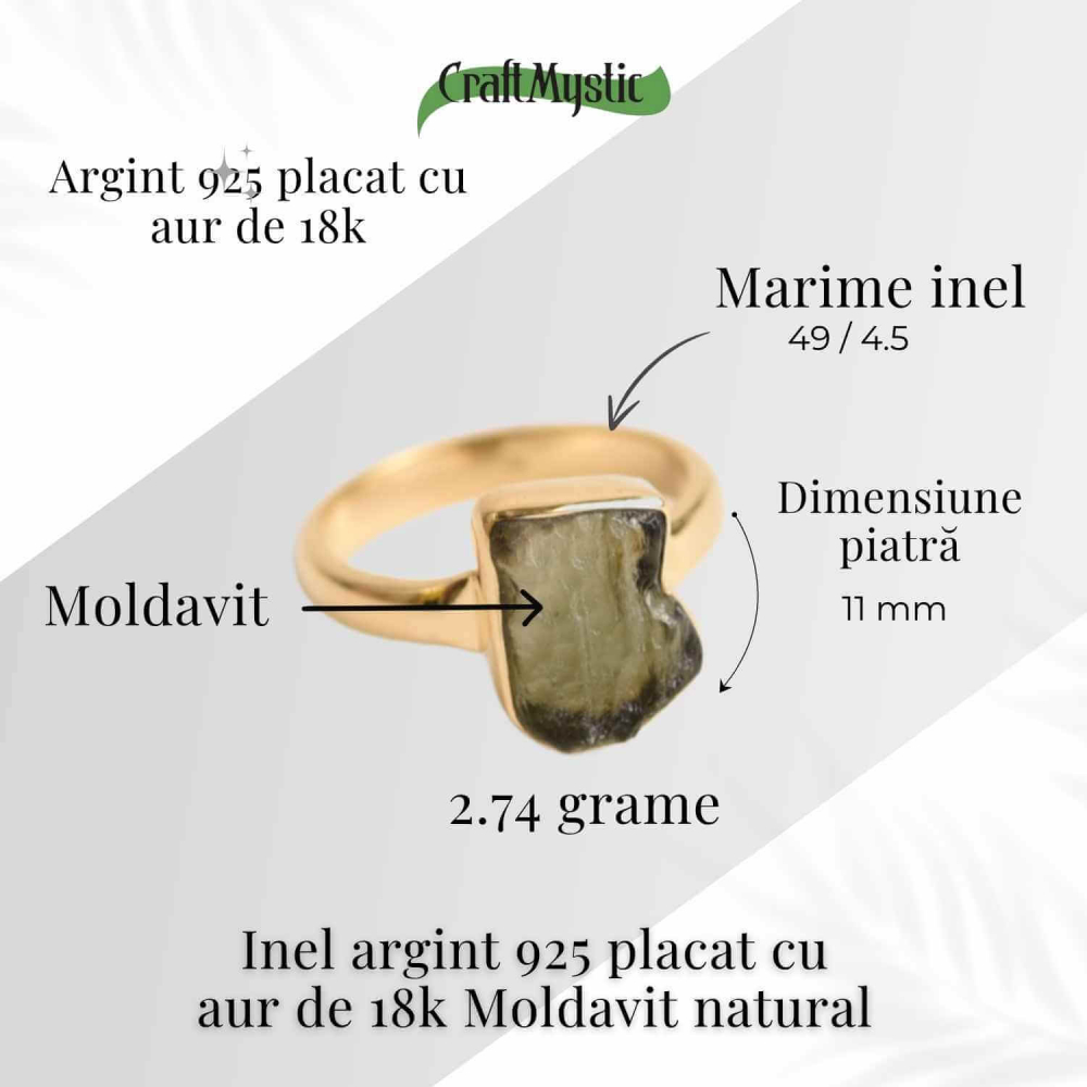 Inel din argint 925 cu Moldavit placat cu Aurit  de 2.74gr 18k 46 (EU) / 4.5 (US)– Energia Metamorfozei Spirituale [4]
