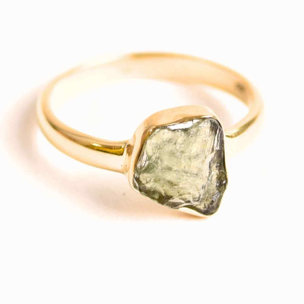 Inel cu Moldavit din Argint 925 placat cu Aur de 18K 2.75 gr 58.5  (EU)   9 (US),   Piatra transformarii si evolutiei spirituale