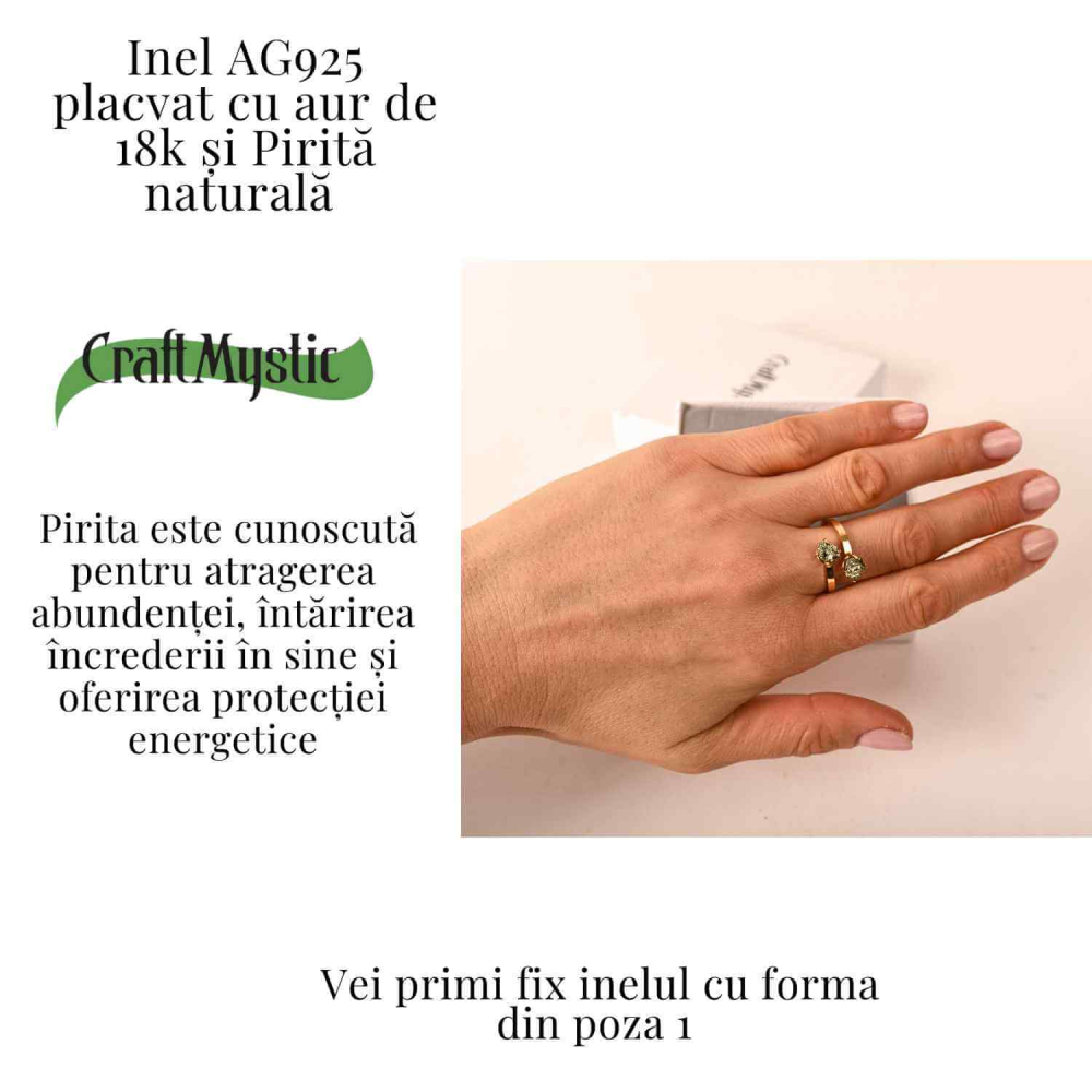 Inel Ajustabil Argint 925 placat cu aur de 18k si Dublu Pirita - Doua pietre, un singur centru interior [3]