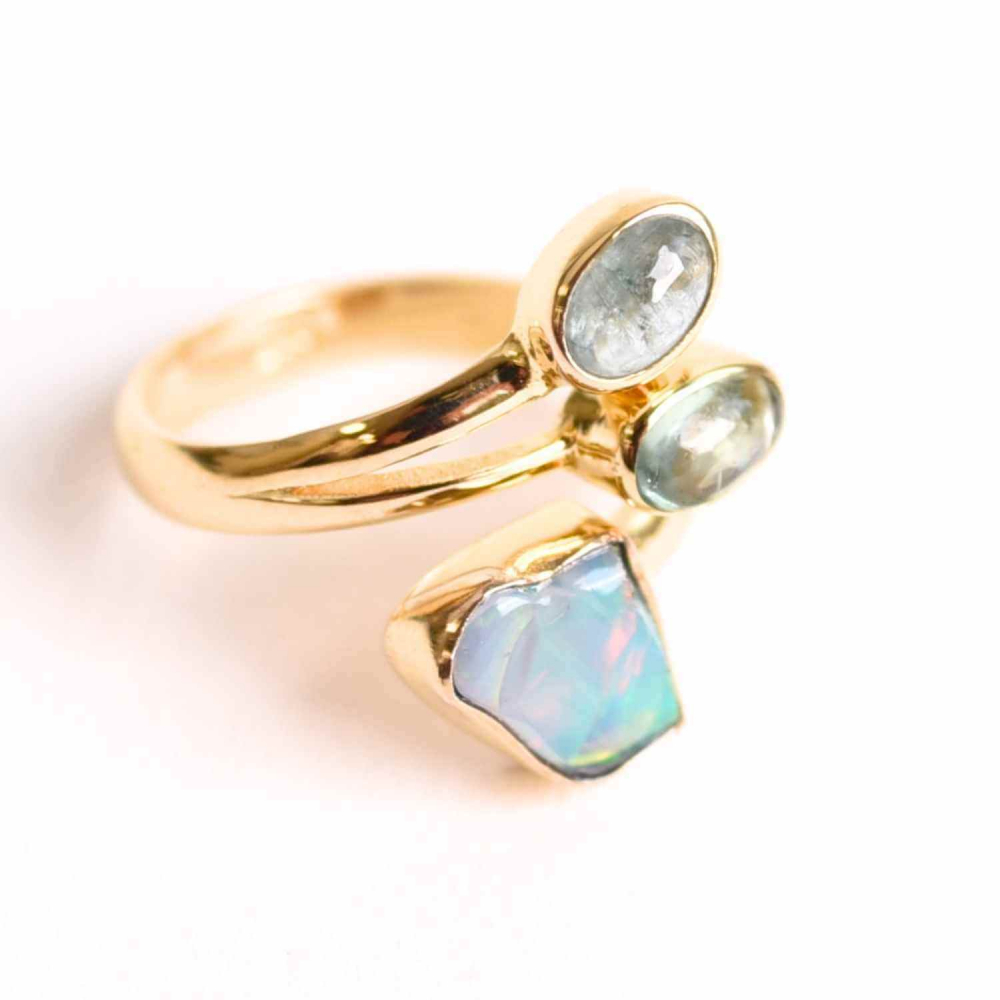 Inel din Argint 925 placat cu Aur de 18K cu Opal Etiopian, Kyanit Verde Menta si Kyanit Aqua 3.59gr, M 54   7,   Claritate, Armonie si Deschidere Spirituala
