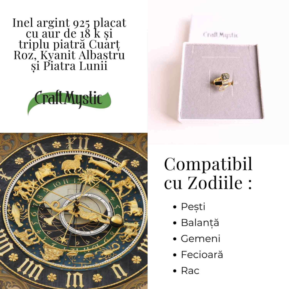 Inel din Argint 925 placat cu Aur de 18K cu Kianit Albastru, Cuart Roz si Piatra Lunii 3.92gr M 54/7– Armonie Interioara, Claritate si Deschidere Emotionala [4]