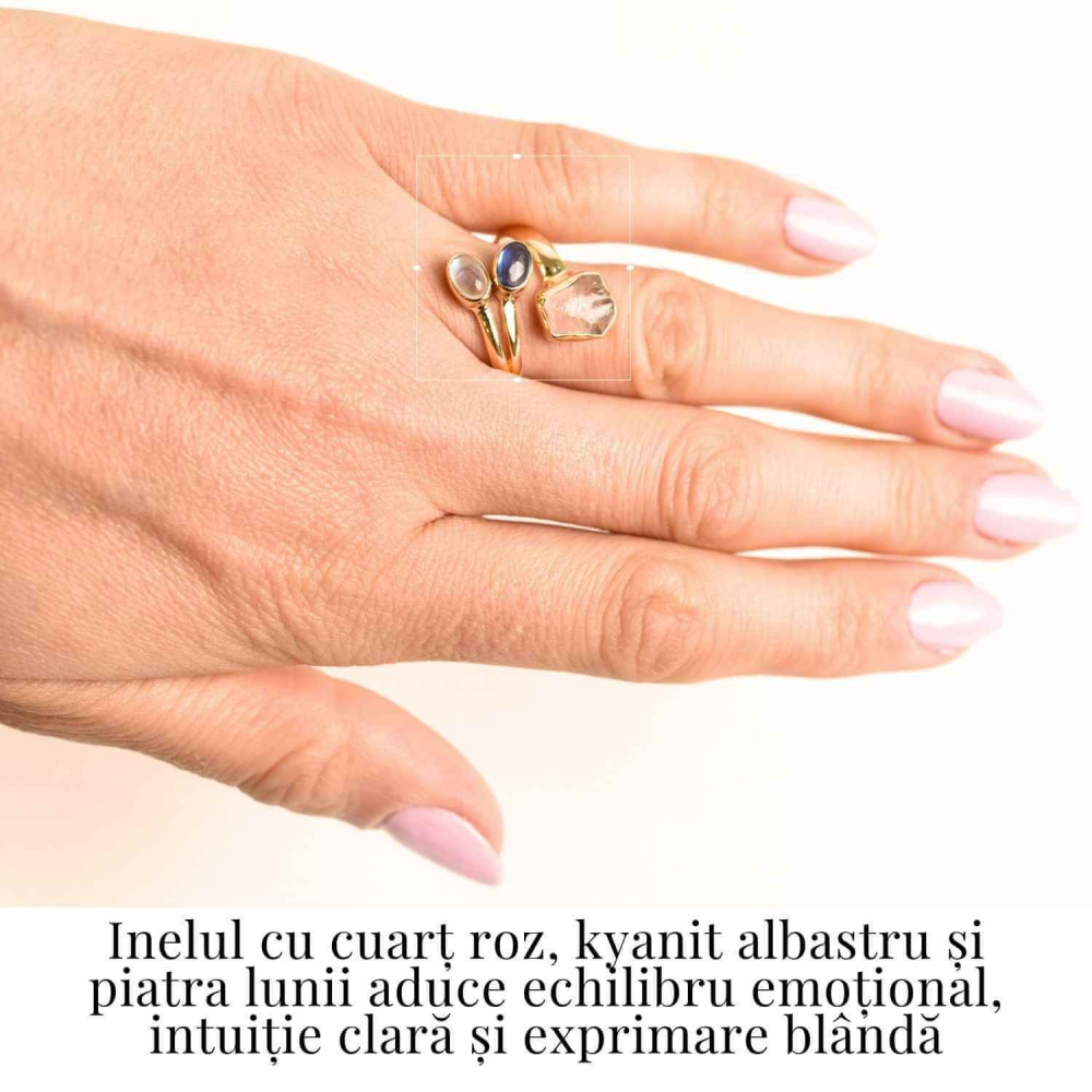 Inel din Argint 925 placat cu Aur de 18K cu Kianit Albastru, Cuart Roz si Piatra Lunii 3.92gr M 54/7– Armonie Interioara, Claritate si Deschidere Emotionala [2]