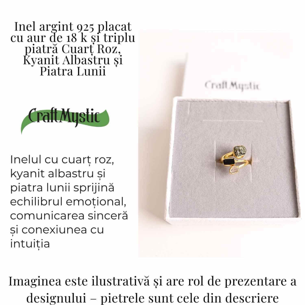Inel din Argint 925 placat cu Aur de 18K cu Kianit Albastru, Cuart Roz si Piatra Lunii 3.92gr M 54/7– Armonie Interioara, Claritate si Deschidere Emotionala [3]