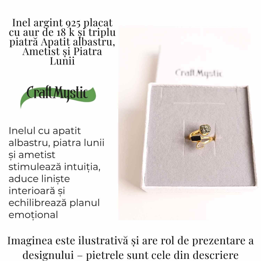 Inel din Argint 925 placat cu Aur de 18K cu Piatra Lunii, Ametist si Apatit Albastru 4.05 gr, M56 / 7.5– Intuitie, Liniste Interioara si Claritate Mentala [3]