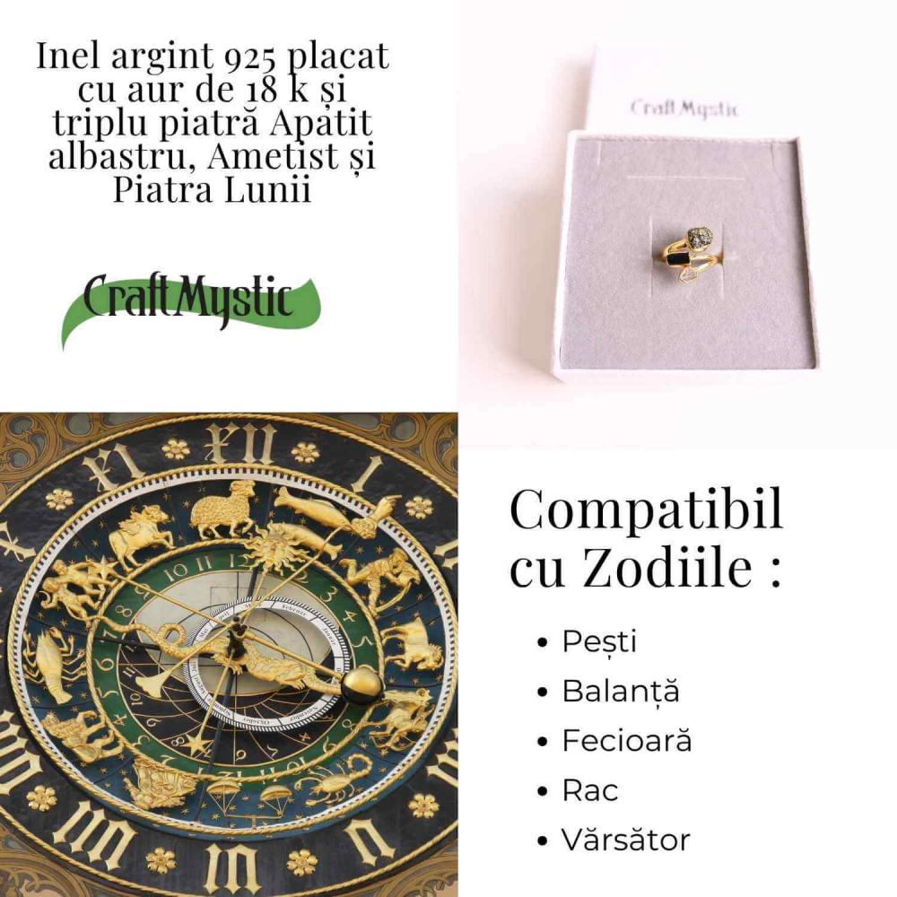 Inel din Argint 925 placat cu Aur de 18K cu Piatra Lunii, Ametist si Apatit Albastru 4.05 gr, M56 / 7.5– Intuitie, Liniste Interioara si Claritate Mentala [5]